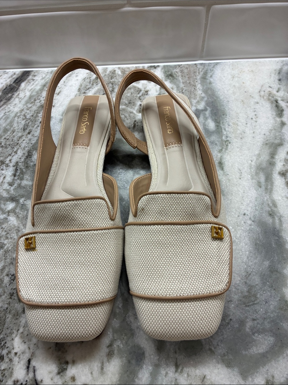 Franco Sarto Cream Canvas Slingback Flats with Tan Trim